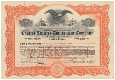 Capitol Theatre-Amusement Company Stock Certificate