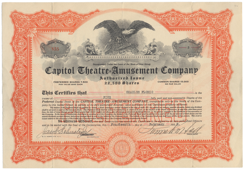 Capitol Theatre-Amusement Company Stock Certificate