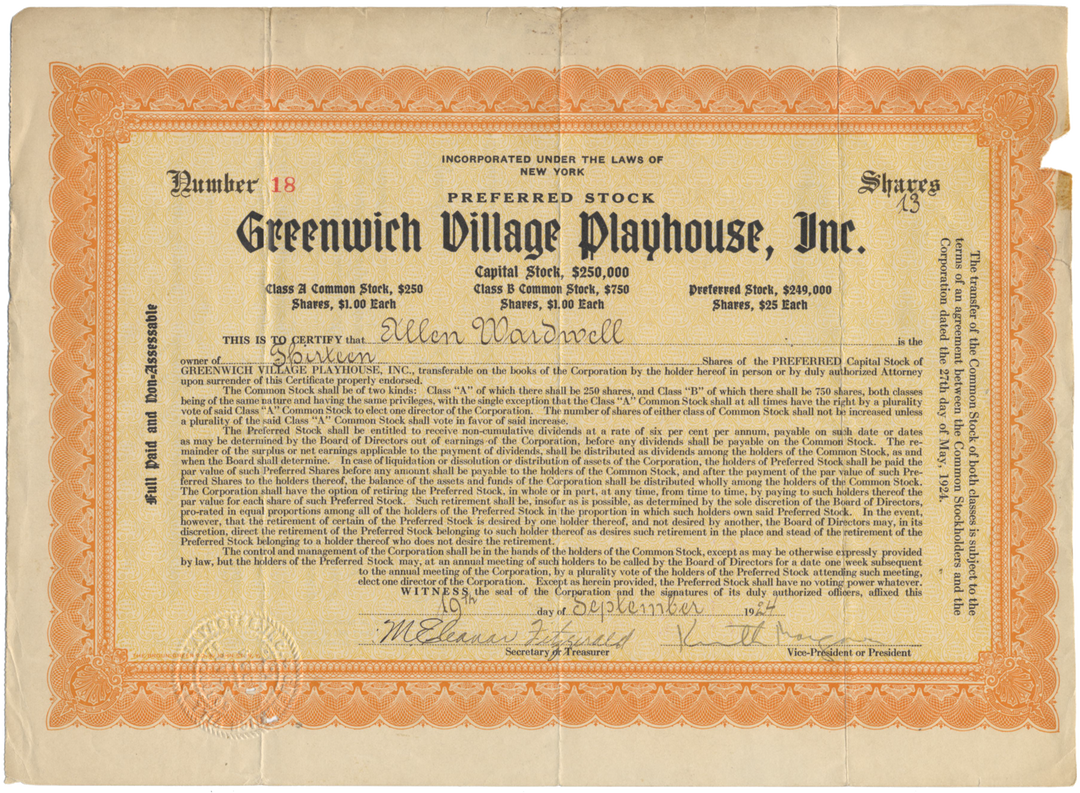 Greenwich Village Playhouse, Inc. Stock Certificate