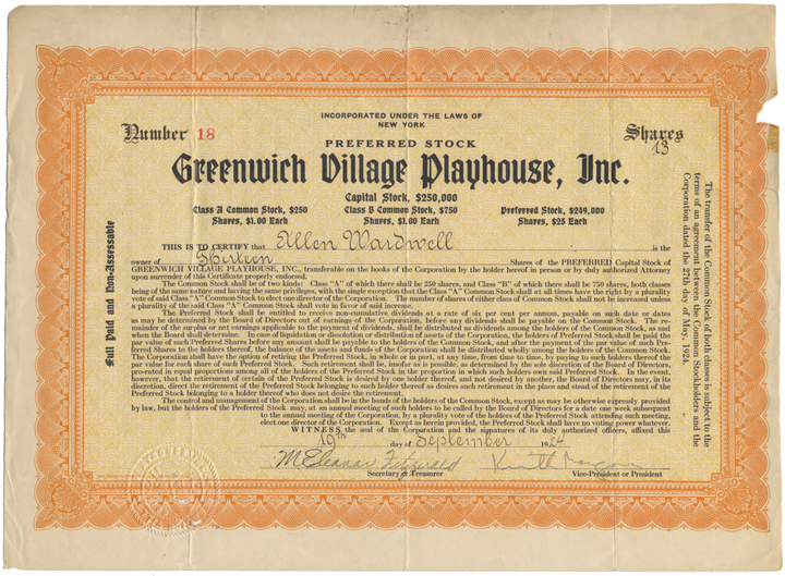 Greenwich Village Playhouse, Inc. Stock Certificate