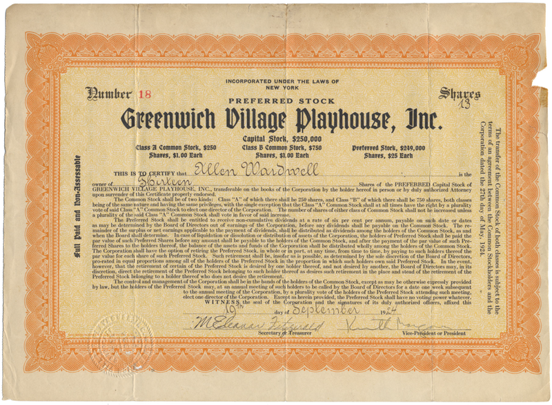 Greenwich Village Playhouse, Inc. Stock Certificate