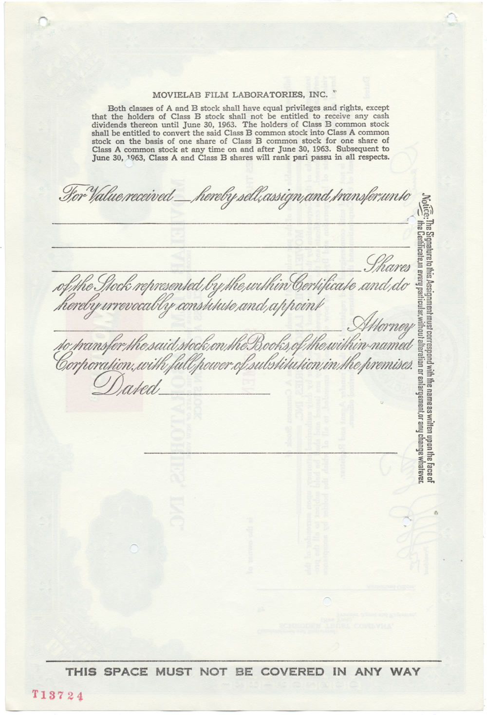 Movielab Film Laboratories, Inc. Specimen Stock Certificate