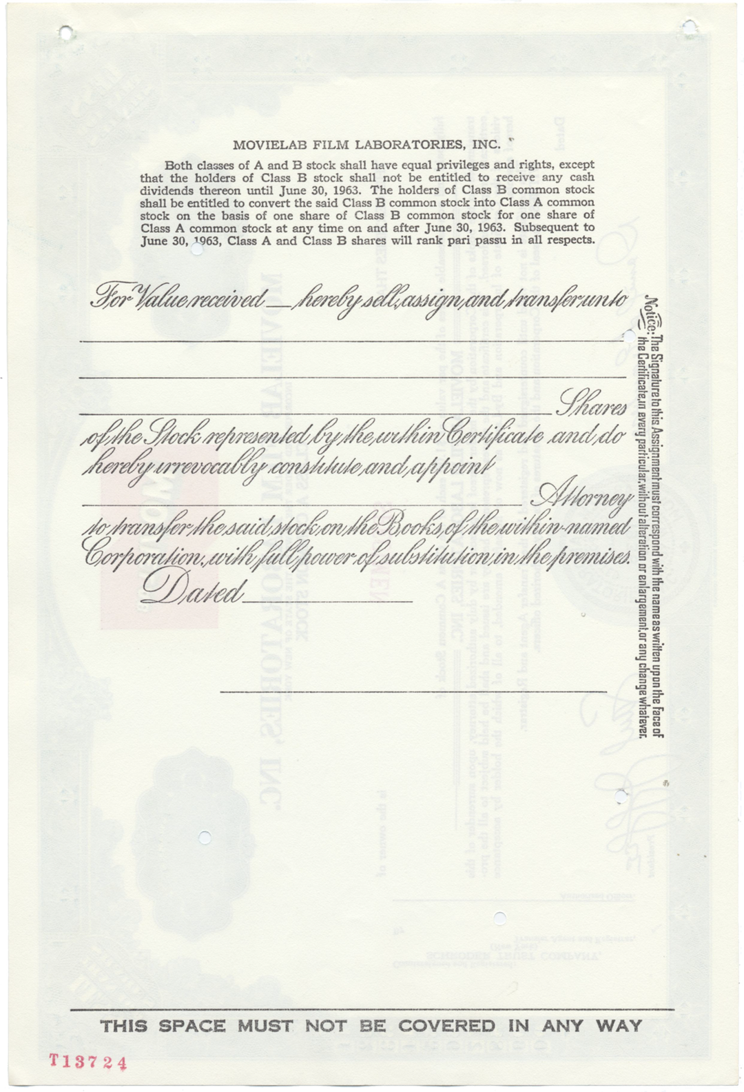 Movielab Film Laboratories, Inc. Specimen Stock Certificate