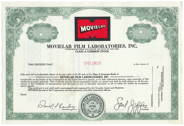 Movielab Film Laboratories, Inc. Specimen Stock Certificate