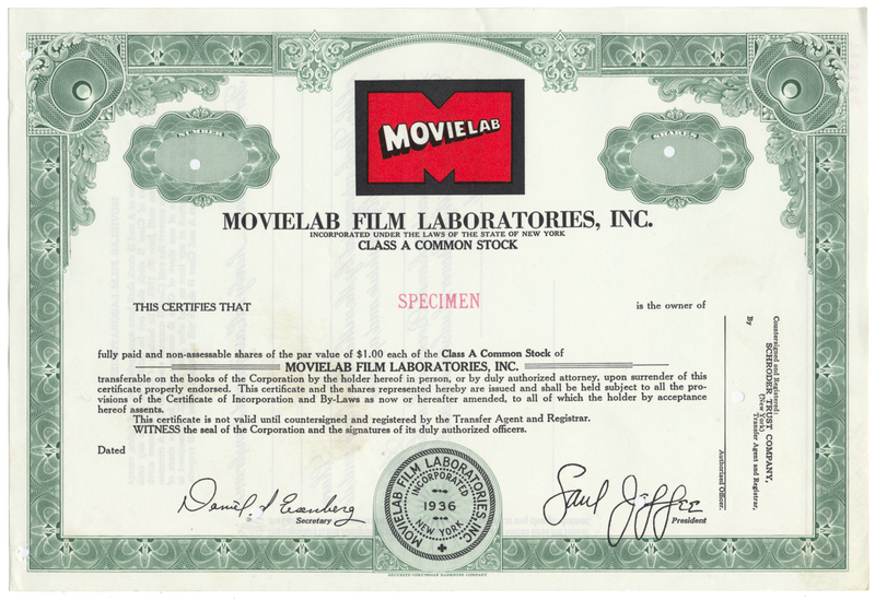 Movielab Film Laboratories, Inc. Specimen Stock Certificate