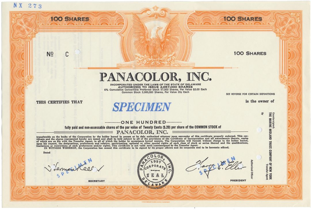 Panacolor, Inc. Specimen Stock Certificate