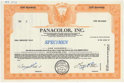 Panacolor, Inc. Specimen Stock Certificate