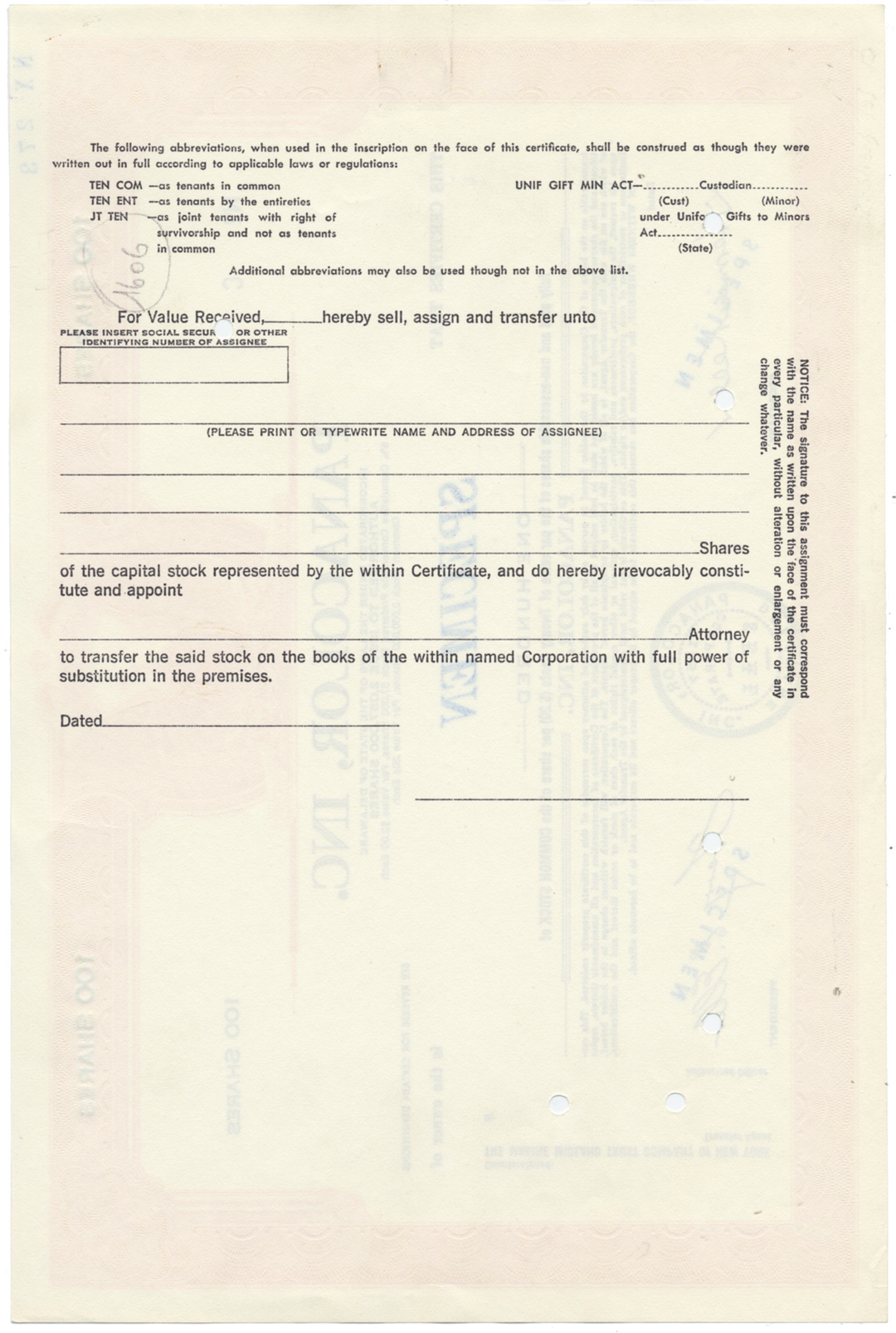 Panacolor, Inc. Specimen Stock Certificate