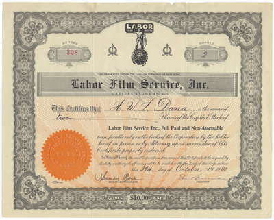 Labor Film Service, Inc. Stock Certificate