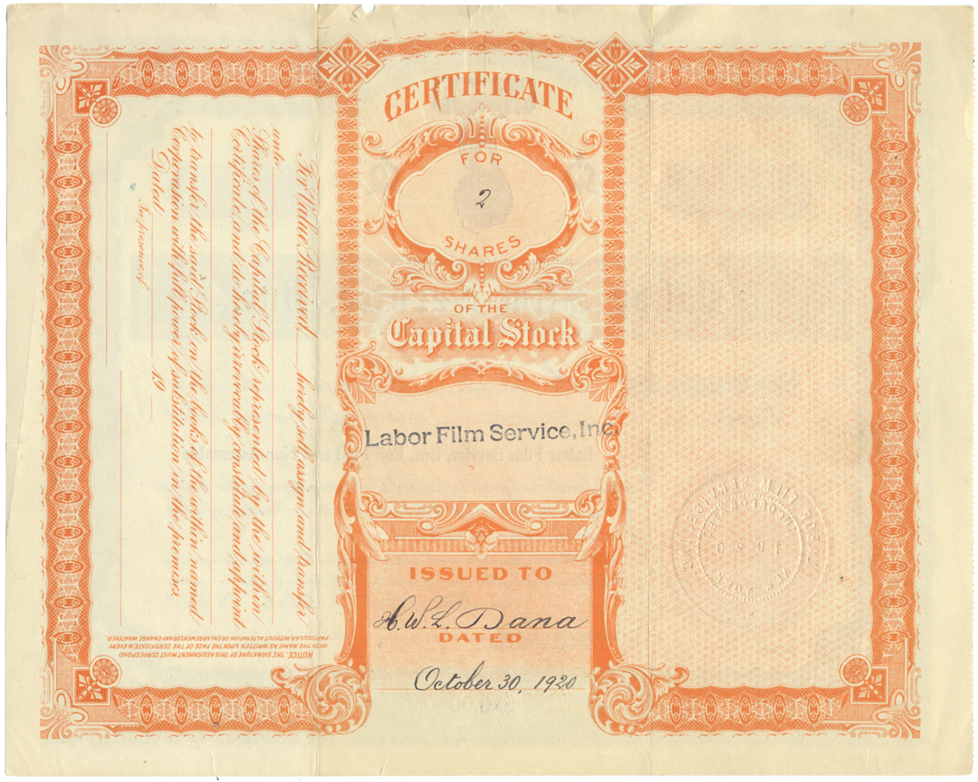 Labor Film Service, Inc. Stock Certificate