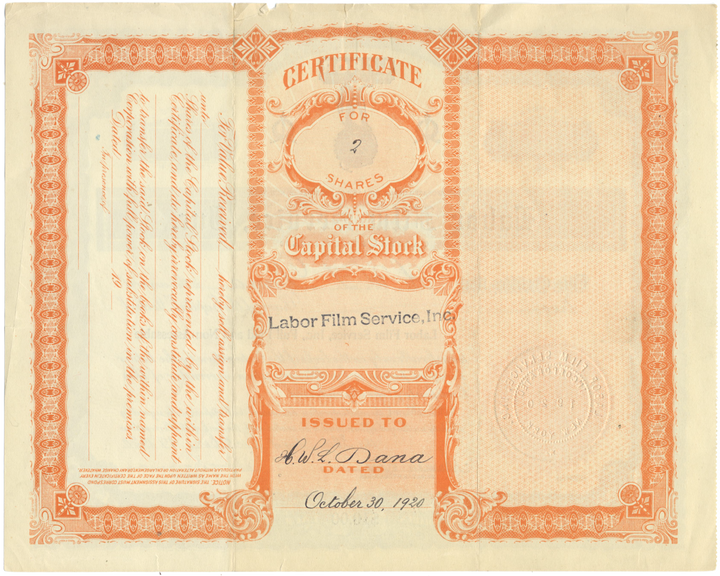 Labor Film Service, Inc. Stock Certificate