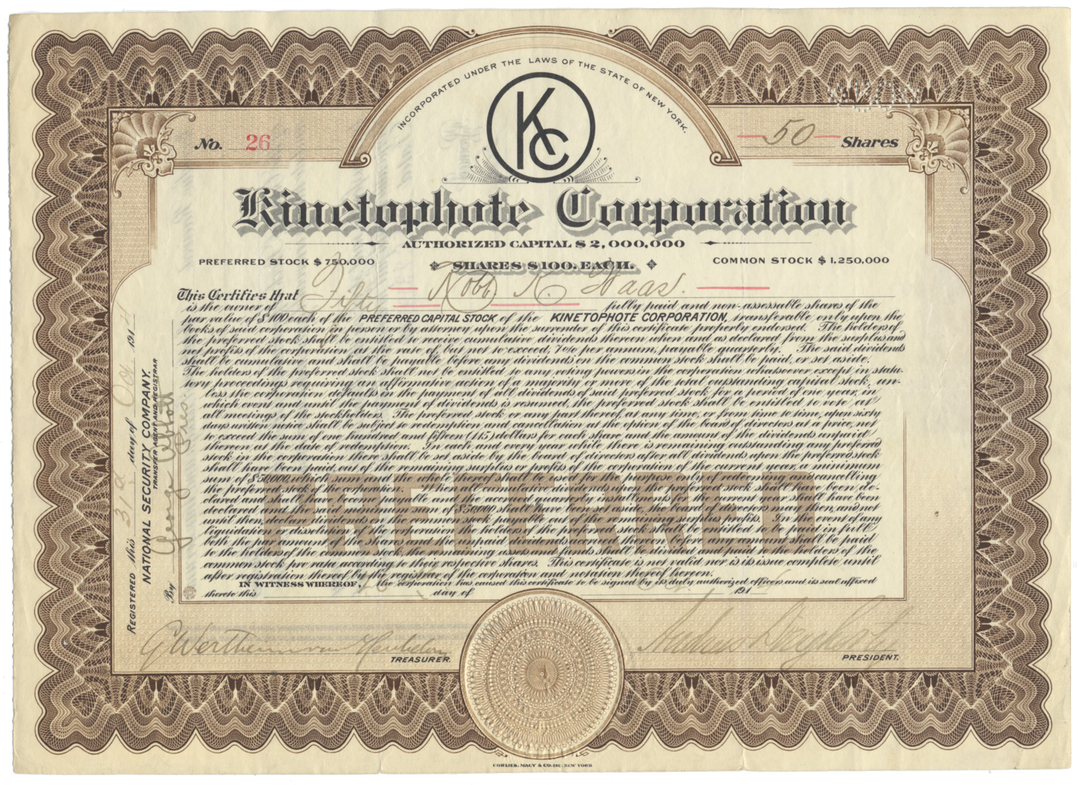 Kinetophote Corporation Stock Certificate