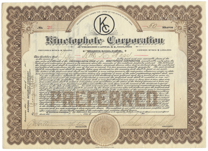 Kinetophote Corporation Stock Certificate