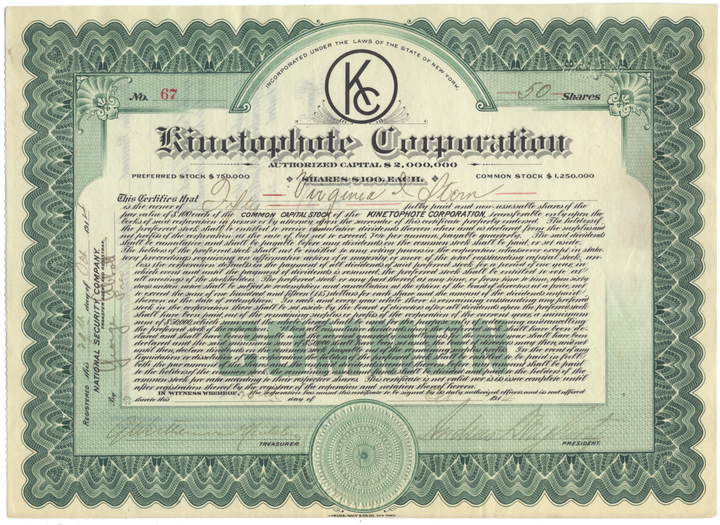 Kinetophote Corporation Stock Certificate