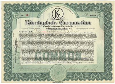 Kinetophote Corporation Stock Certificate