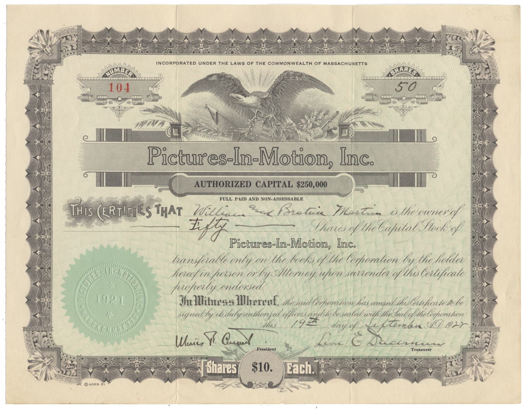 Pictures-In-Motion, Inc. Stock Certificate