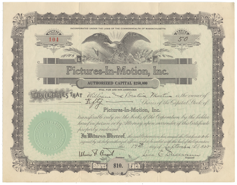 Pictures-In-Motion, Inc. Stock Certificate