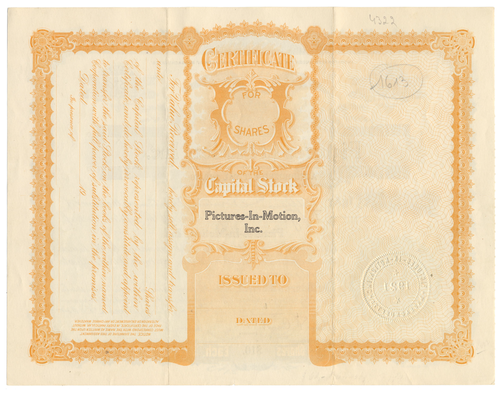 Pictures-In-Motion, Inc. Stock Certificate