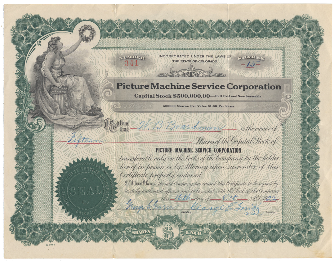 Picture Machine Service Corporation Stock Certificate