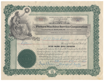 Picture Machine Service Corporation Stock Certificate