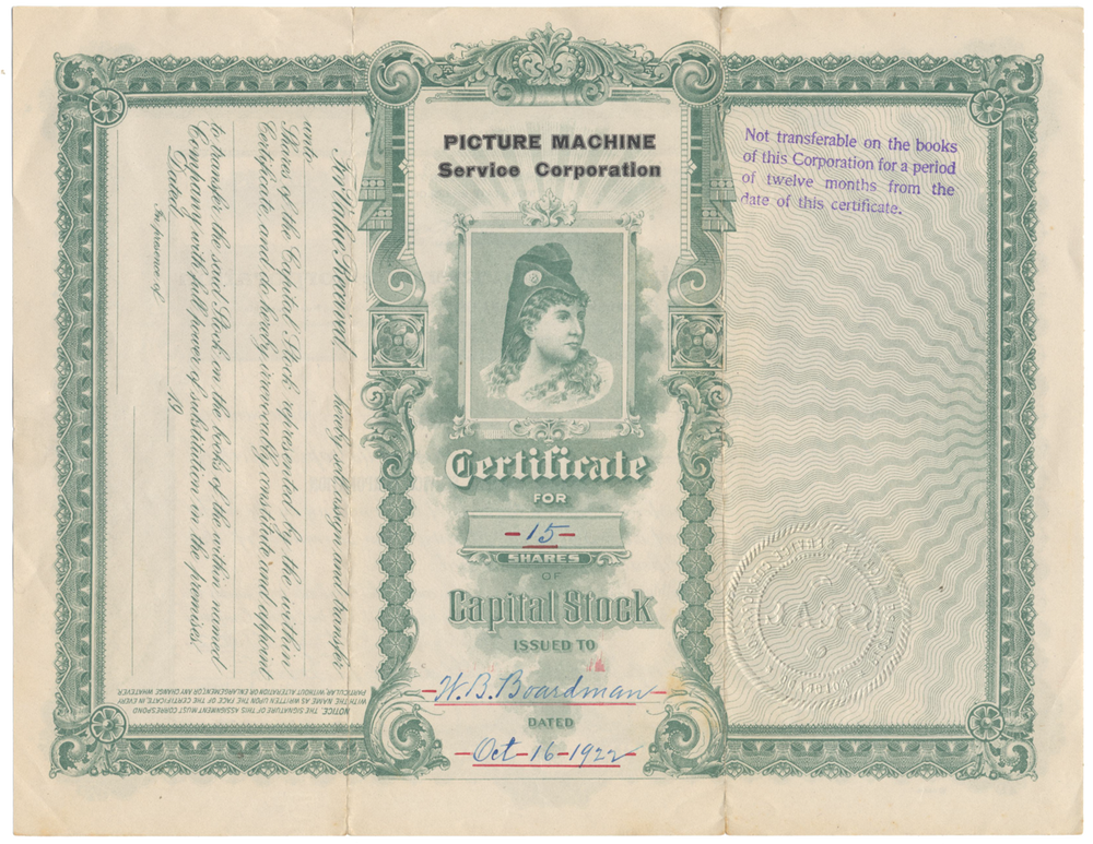 Picture Machine Service Corporation Stock Certificate