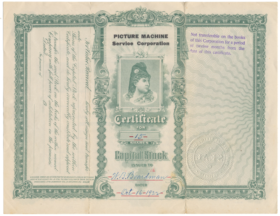 Picture Machine Service Corporation Stock Certificate