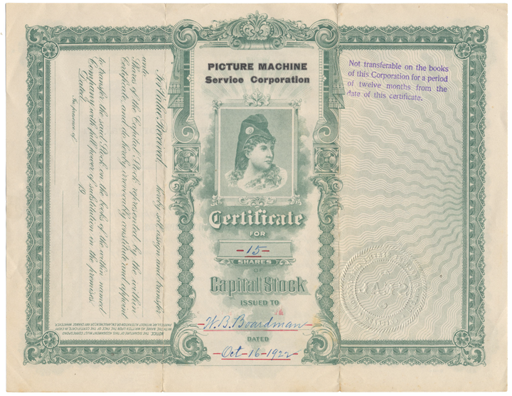 Picture Machine Service Corporation Stock Certificate