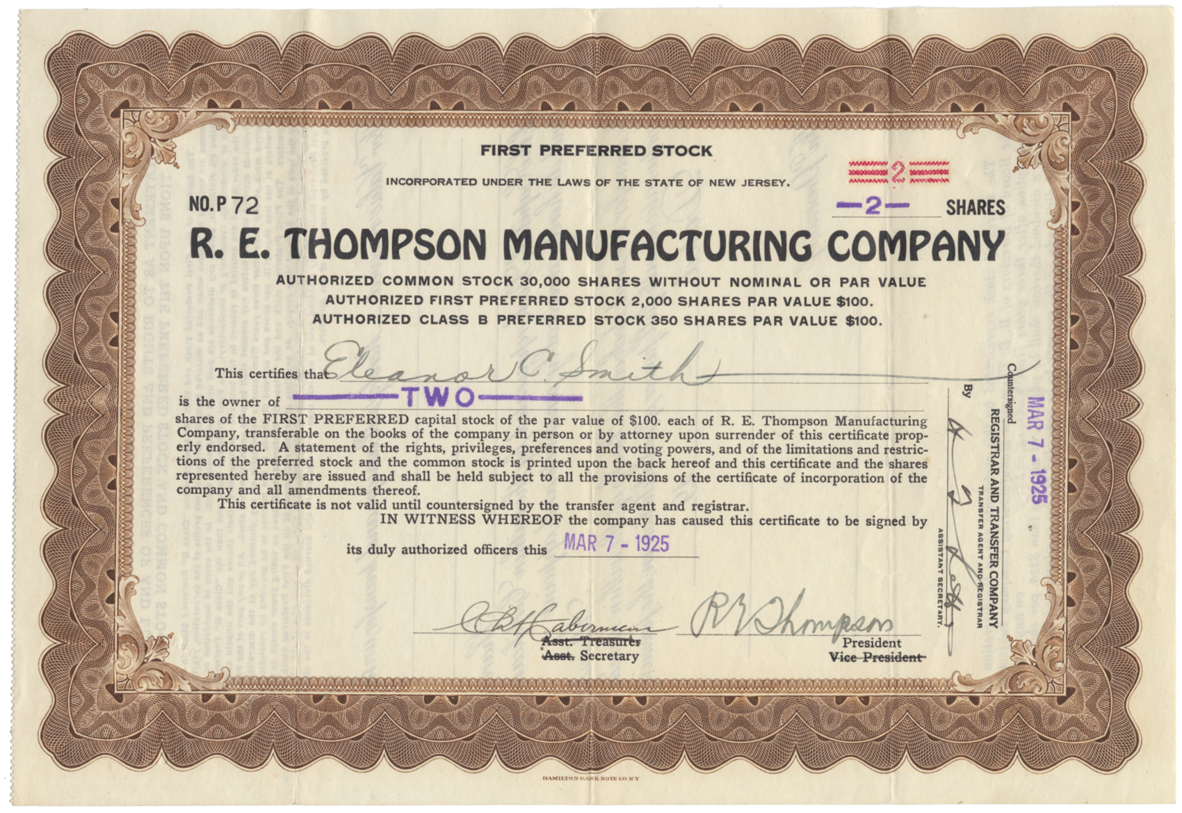 R. E. Thompson Manufacturing Company Stock Certificate