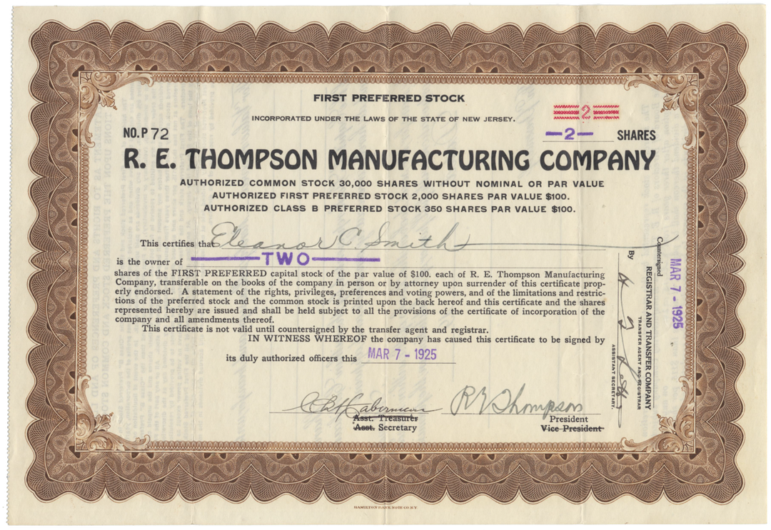 R. E. Thompson Manufacturing Company Stock Certificate