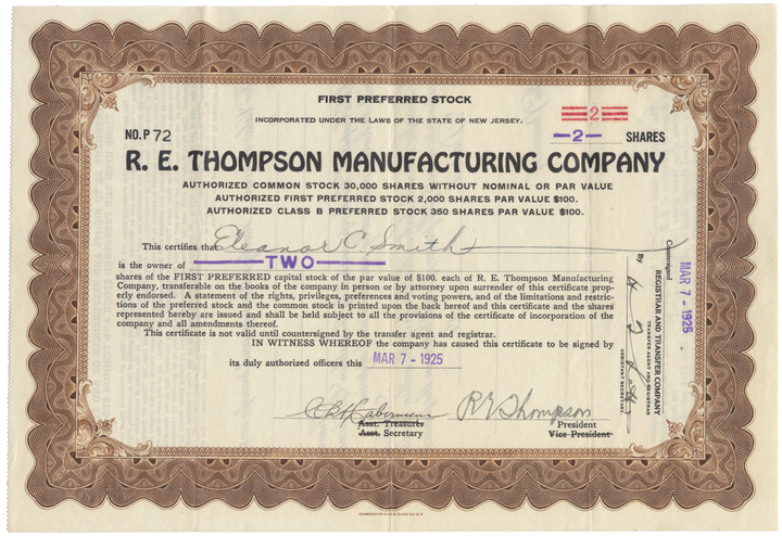 R. E. Thompson Manufacturing Company Stock Certificate