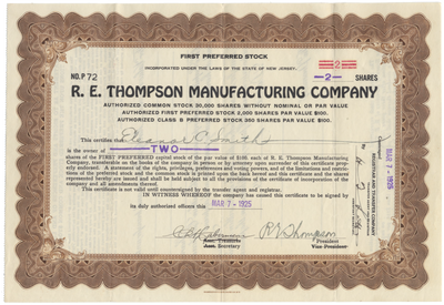 R. E. Thompson Manufacturing Company Stock Certificate