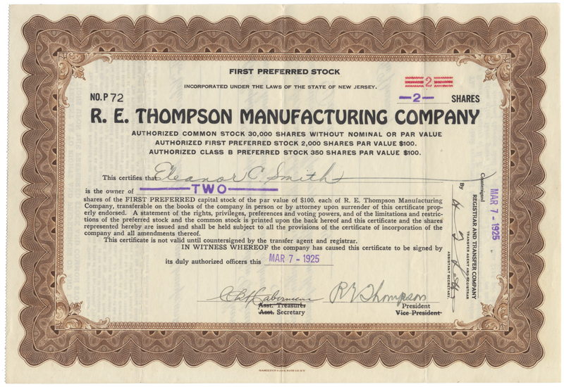 R. E. Thompson Manufacturing Company Stock Certificate