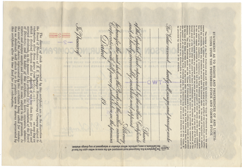 R. E. Thompson Manufacturing Company Stock Certificate