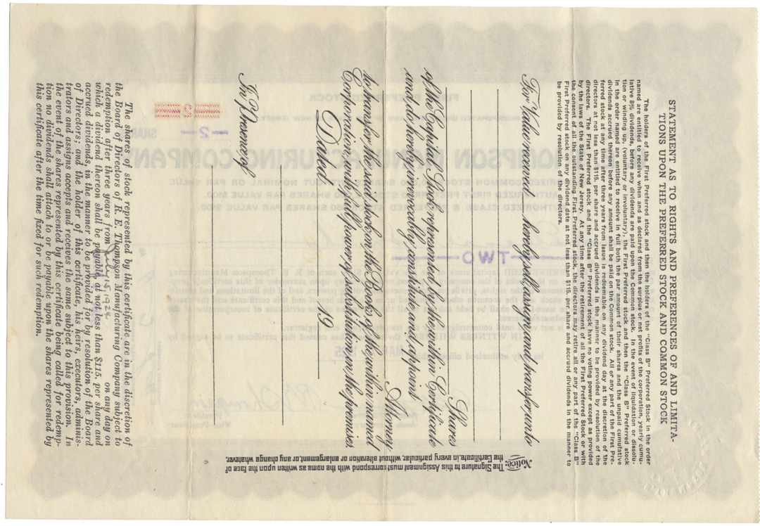 R. E. Thompson Manufacturing Company Stock Certificate