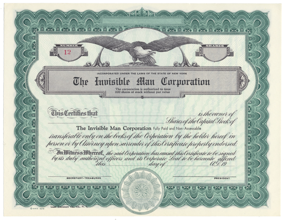 Invisible Man Corporation Stock Certificate