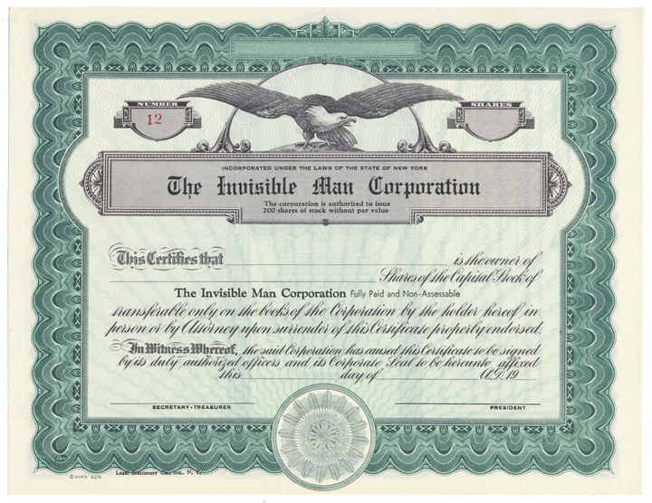 Invisible Man Corporation Stock Certificate