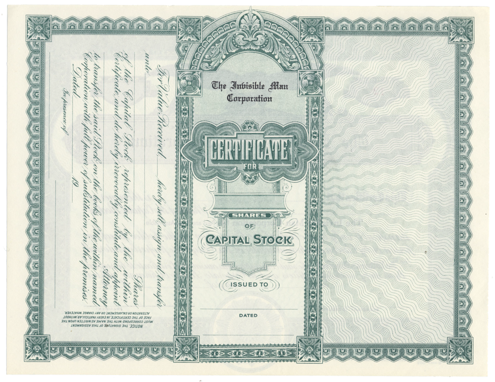 Invisible Man Corporation Stock Certificate