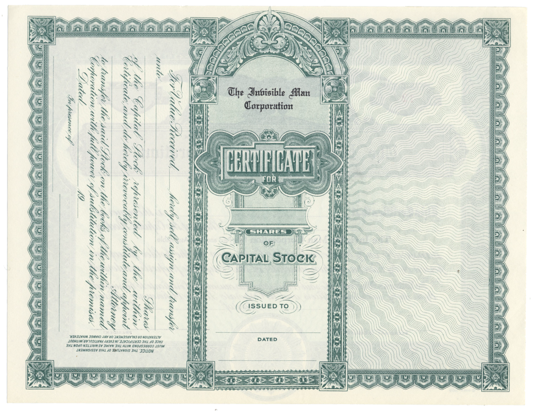 Invisible Man Corporation Stock Certificate