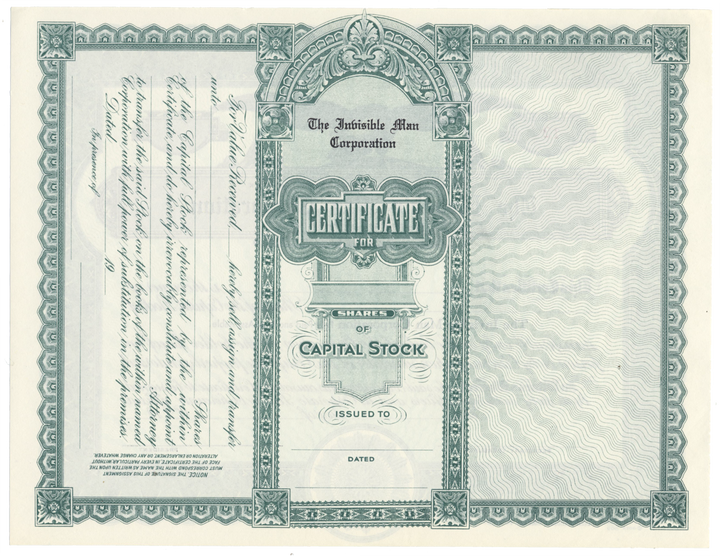 Invisible Man Corporation Stock Certificate