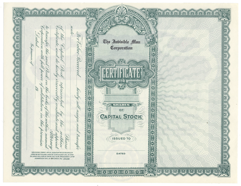 Invisible Man Corporation Stock Certificate