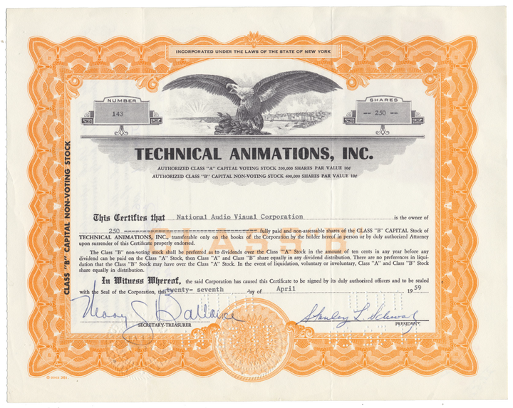 Technical Animations, Inc. Stock Certificate