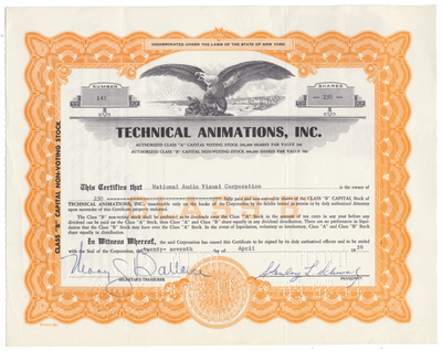 Technical Animations, Inc. Stock Certificate