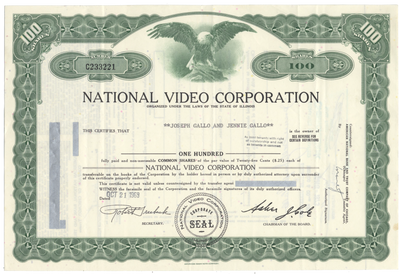 National Video Corporation Stock Certificate