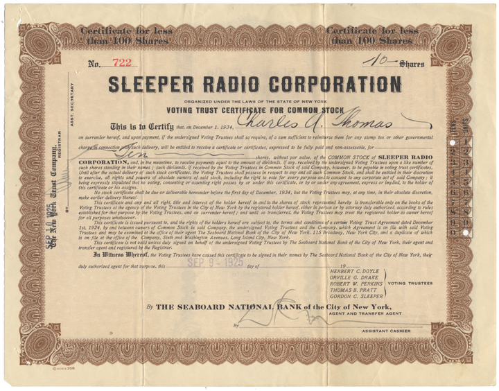 Sleeper Radio Corporation Voting Trust Certificate