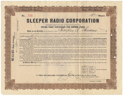 Sleeper Radio Corporation Voting Trust Certificate