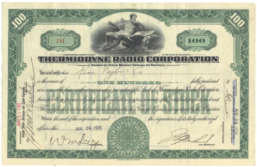 Thermiodyne Radio Corporation Stock Certificate