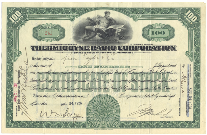 Thermiodyne Radio Corporation Stock Certificate