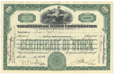 Thermiodyne Radio Corporation Stock Certificate