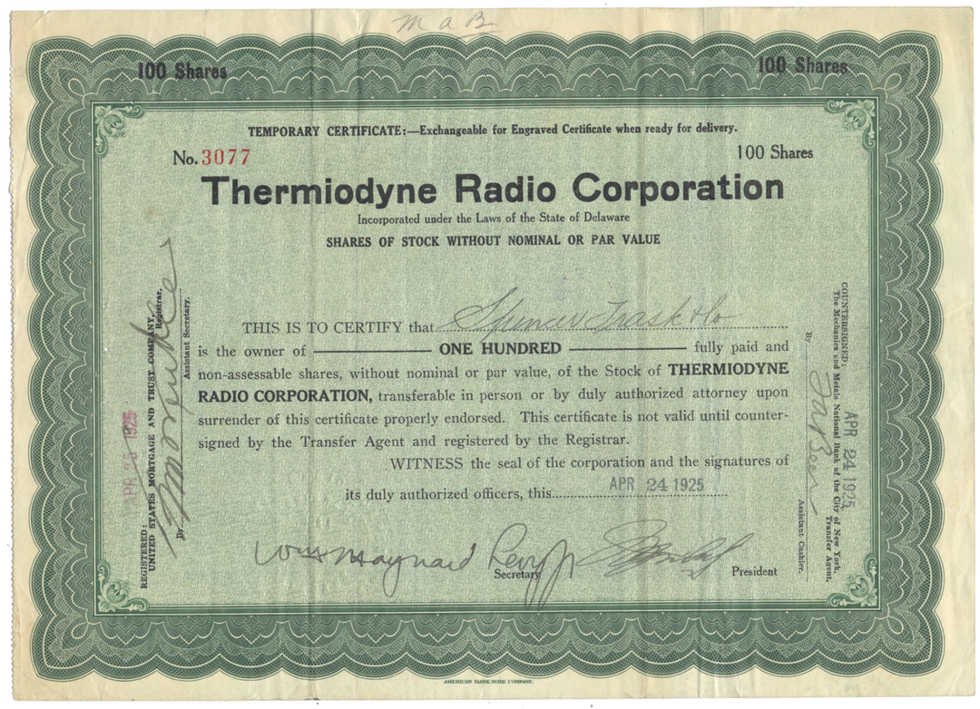 Thermiodyne Radio Corporation Stock Certificate