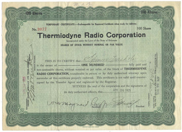 Thermiodyne Radio Corporation Stock Certificate